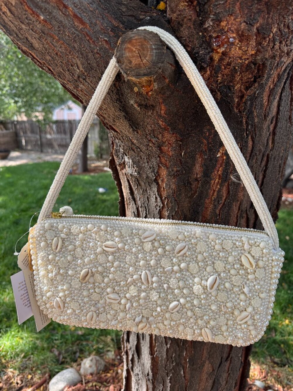 Viral Pearl Beaded Cowrie Shell Bag Handcrafted NWT